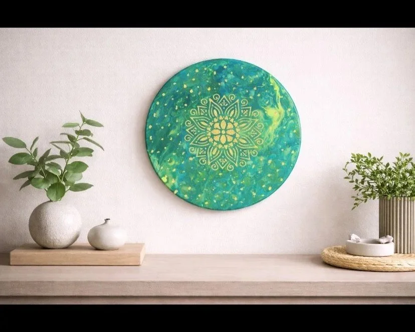 Zen

This is a 12 inch round canvas with acrylic paint, gold leaf and resin. 
