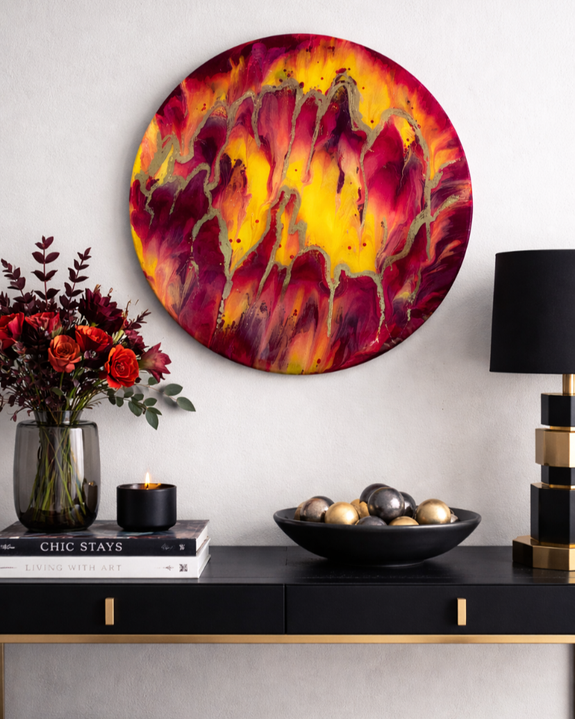 Lava waves

This is a 14 inch canvas with acrylic paint, resin, and gold leaf. 