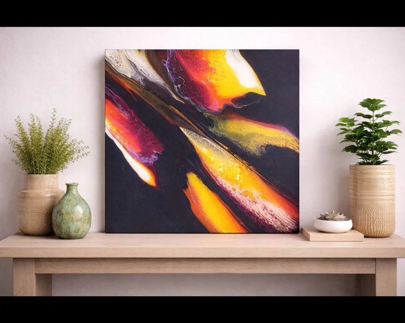Firedance

20 by 20 inch level 3 gallery wrapped canvas with acrylic paint. 