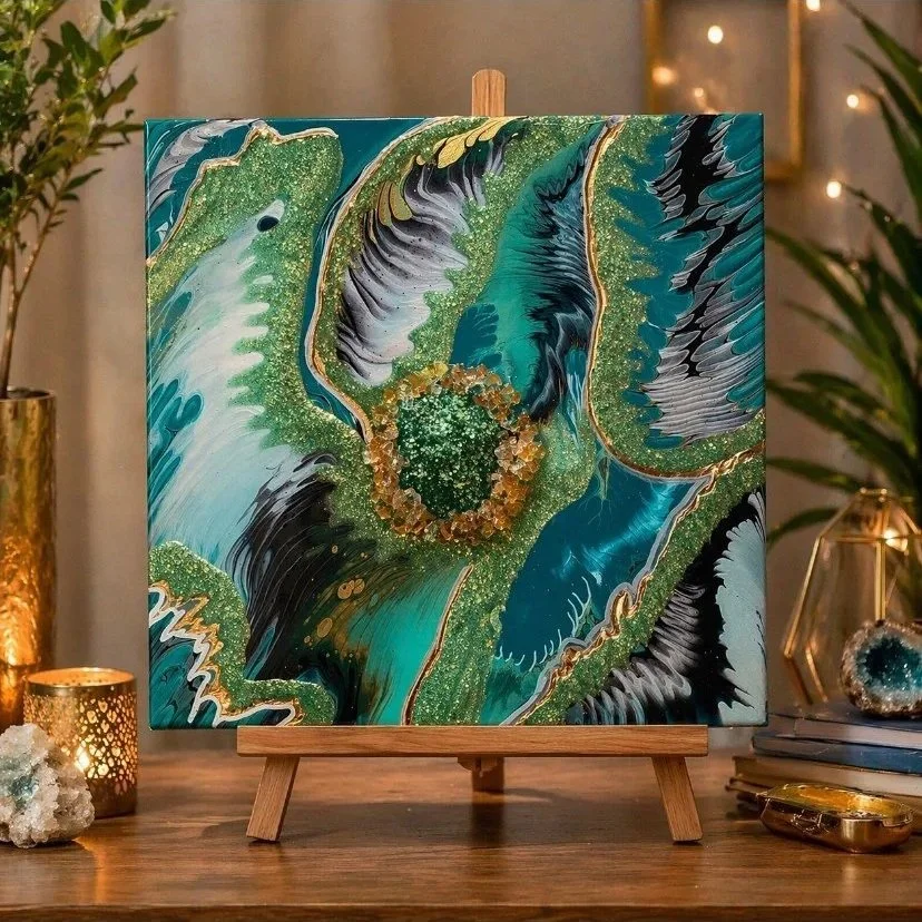 Goldcano

This is a 16 inch by 16 inch wood panel with acrylic paint, resin, pigment, fireglass and glitter. 