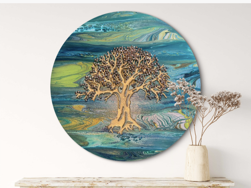 Aaaah.  Treeeeeeee.

This is a 16 inch round canvas with acrylic paint, resin, beads and a tree
