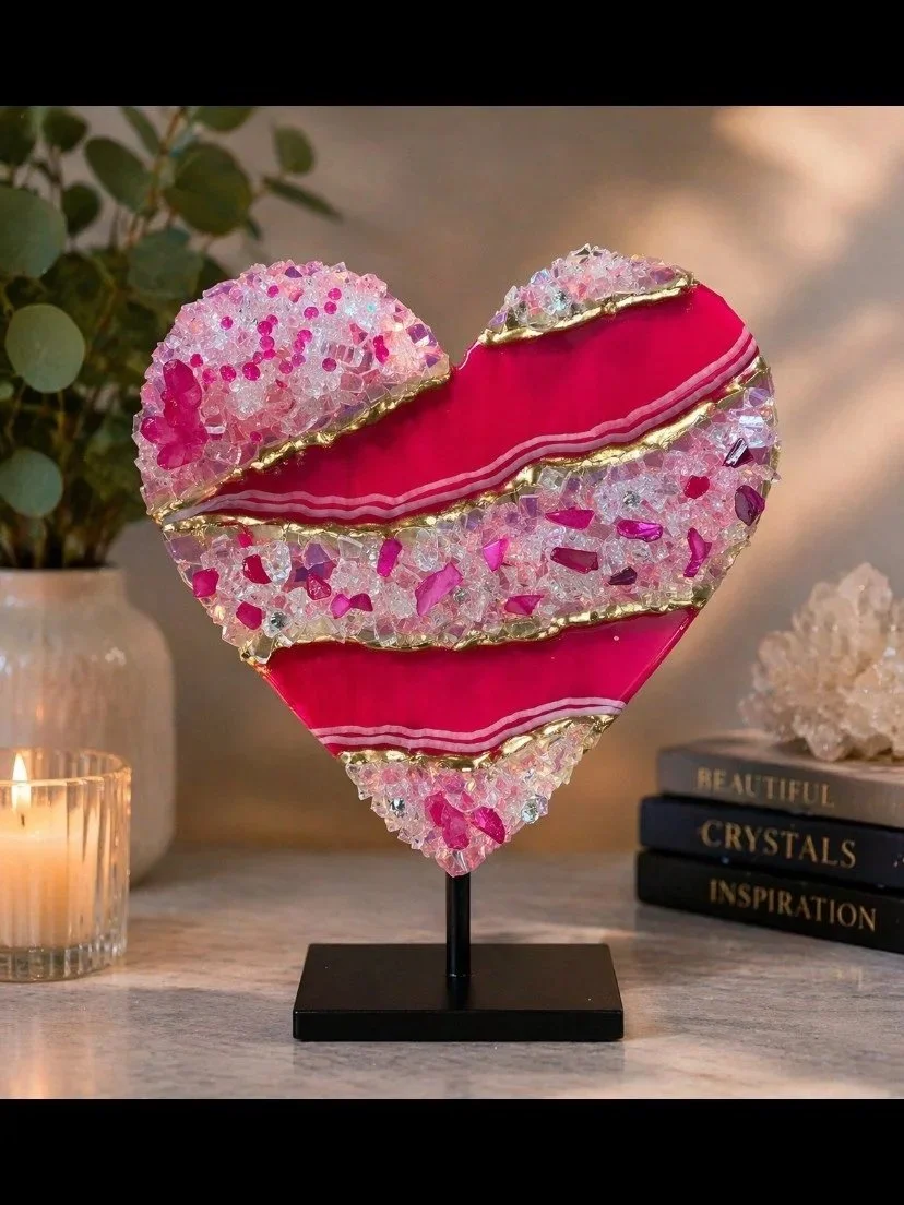 Heart Strike

This is a 7 inch thick cut wooden heart with mica, pigment powder, cerne relief, pink quartz, marker, fire glass, rocks and resin. 