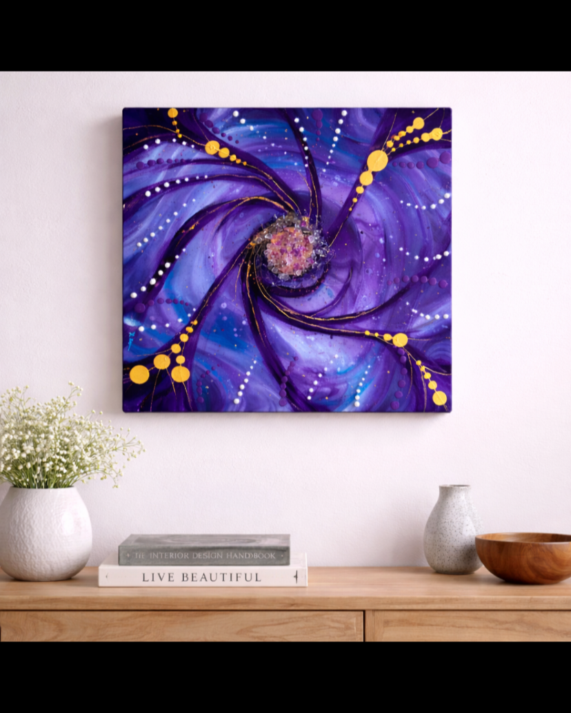 Time Warp

This is a 20 by 20 gallery wrapped level 3 canvas with paint, beads, resin and fireglass.  
