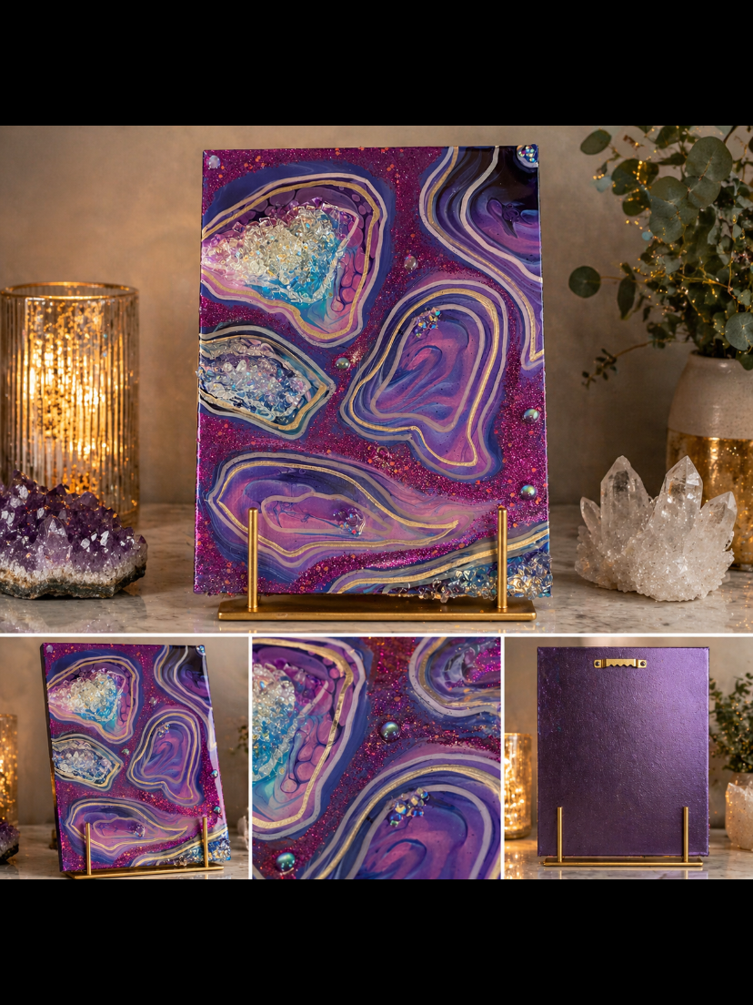 Ripples

This is a 10 by 14 wood panel with acrylic paint, markers, glitter, fireglass, crystals, and resin. 