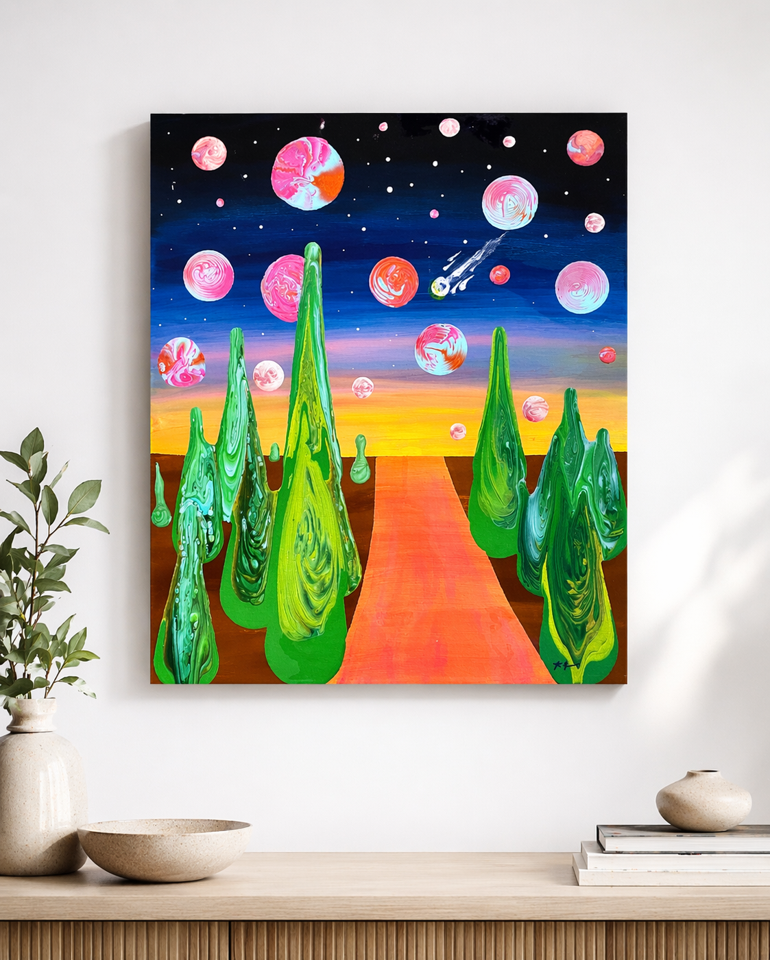 Out there

This is a 20 by 24 inch gallery wrapped level 3 canvas with acrylic paint and resin. 