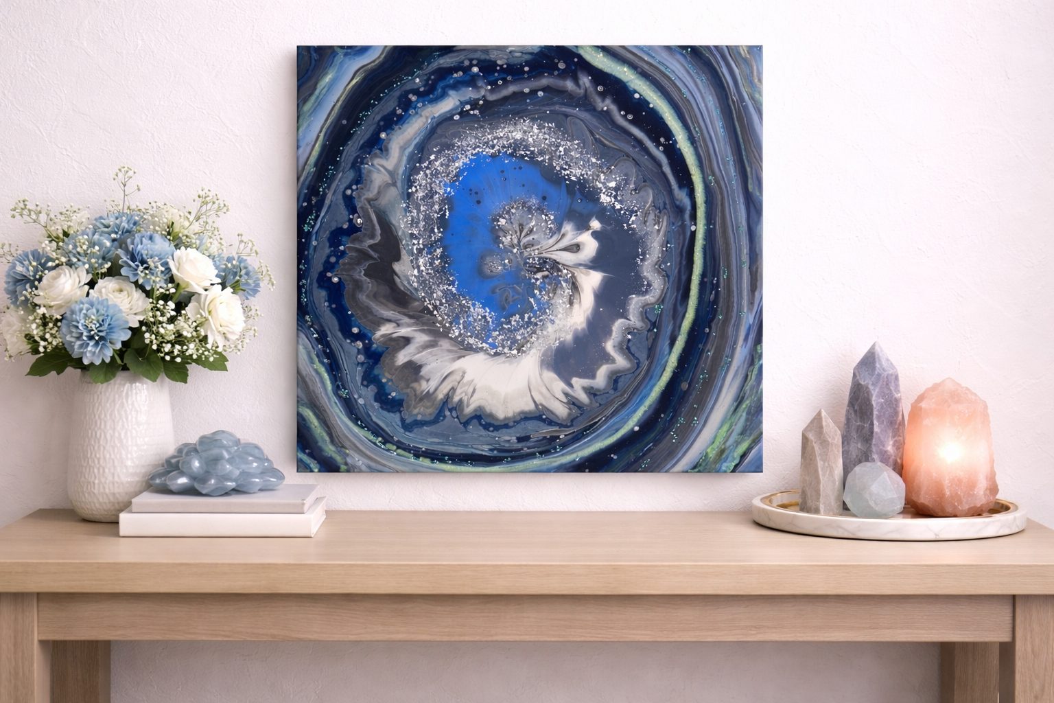 Julie's Wormhole

This is a 24 by 24 inch gallery wrapped level 3 canvas with paint, mica, glitter and resin.