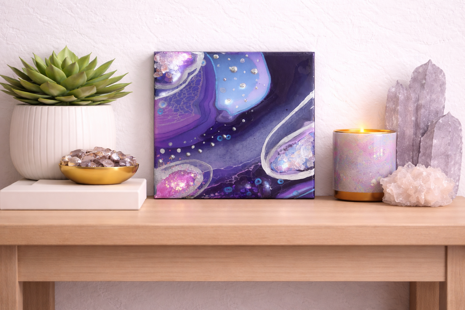 Nebulous

This is a 6 inch by 6 inch canvas with paint, mica, resin, fireglass and marker. 