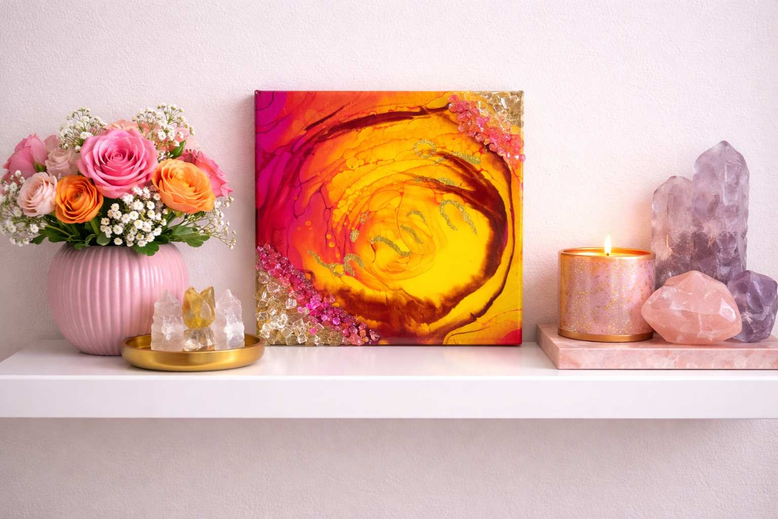 Helio bloom

This is a 6 by 6 inch canvas with paint, fireglass, gold leaf, marker and resin. 