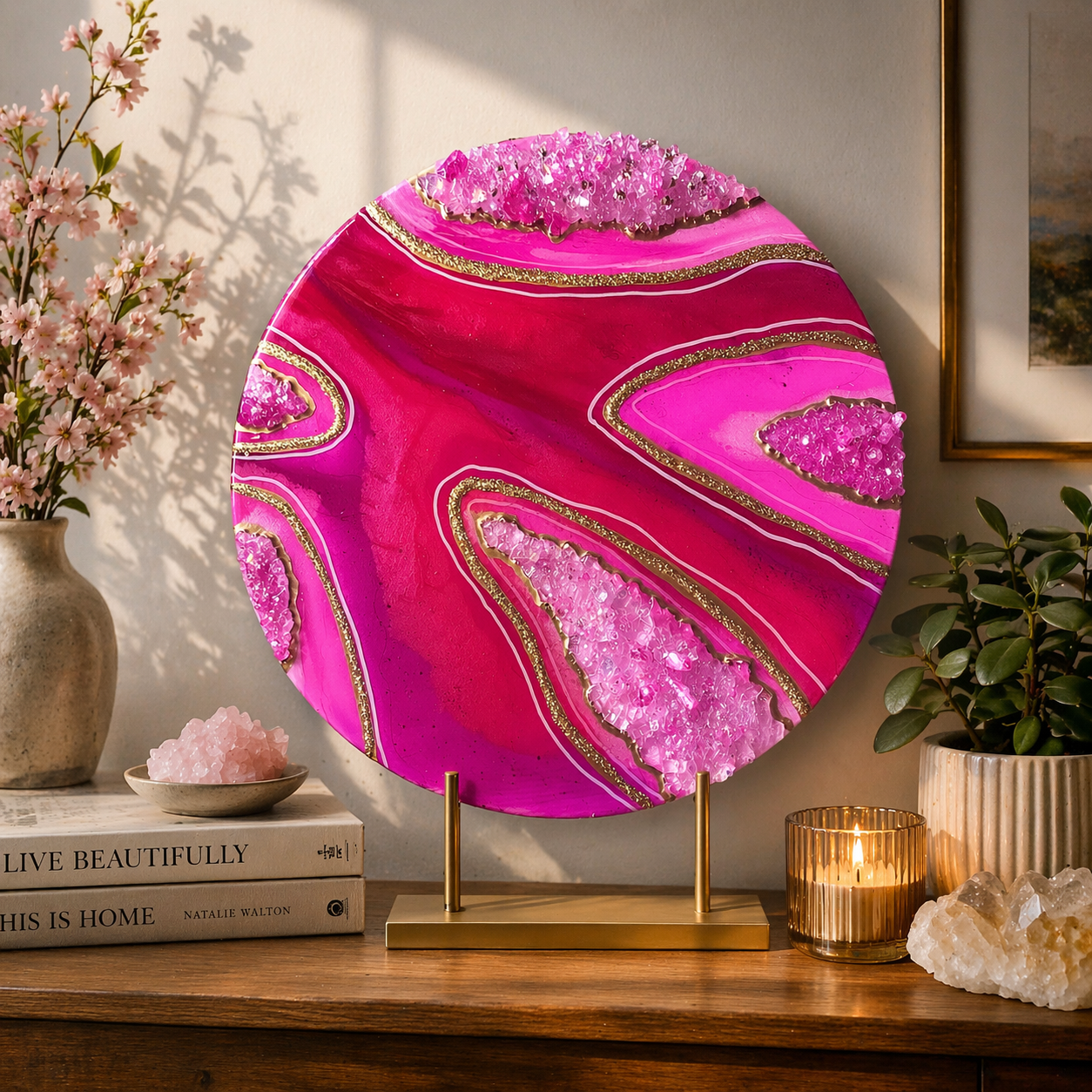 Candy Quartz

This is a 15.75 inch round wood panel with mica powder, resin, fire glass, pink quartz, glitter, marker and love.  