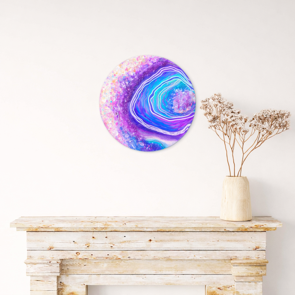Electric ripples. 

This is a 12 inch wood round with paint, markers, fireglass and reflective foil. 