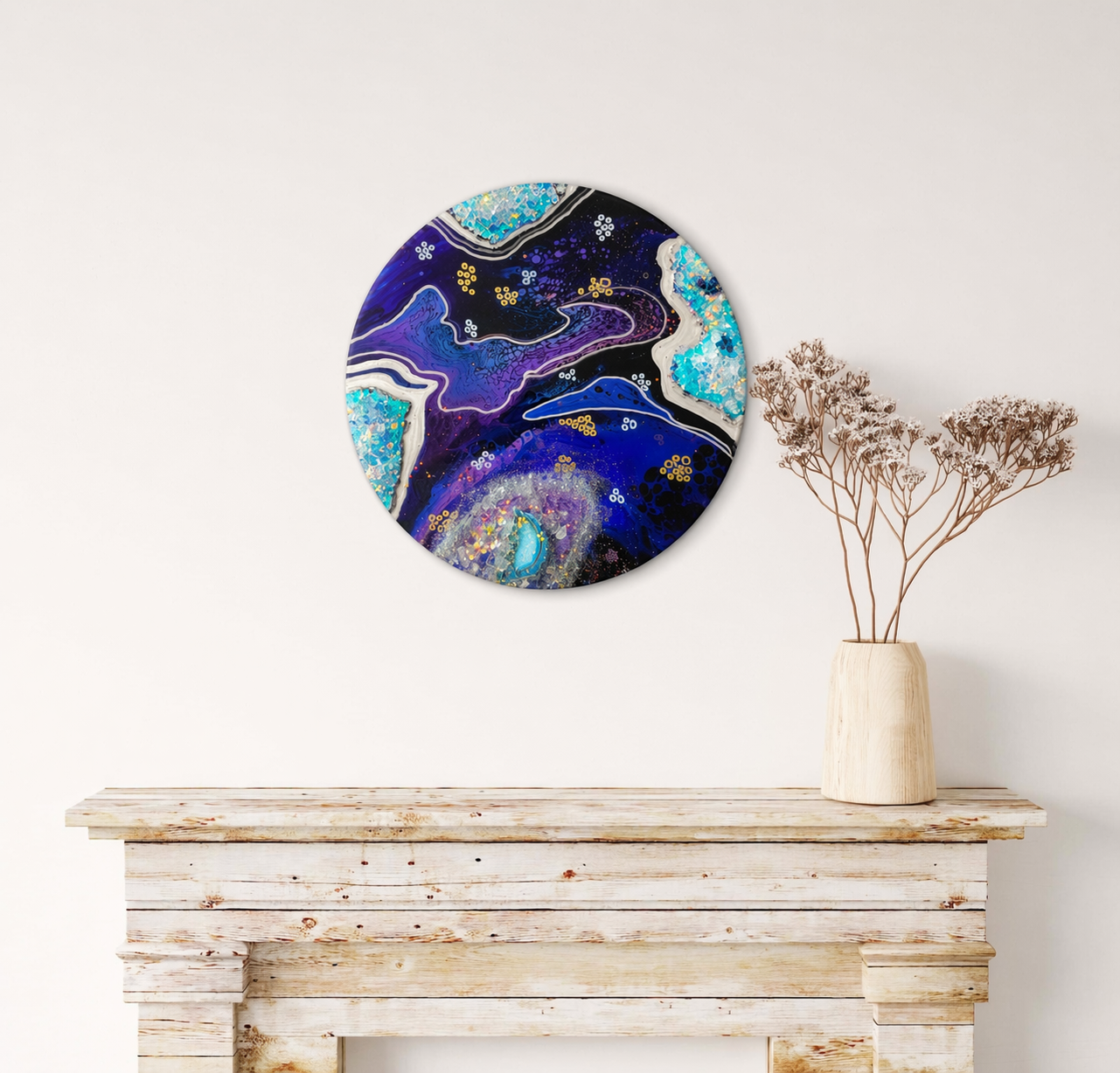 Middle Earth

This is a 16 inch round canvas with acrylic paint, and embelishments including agate slice