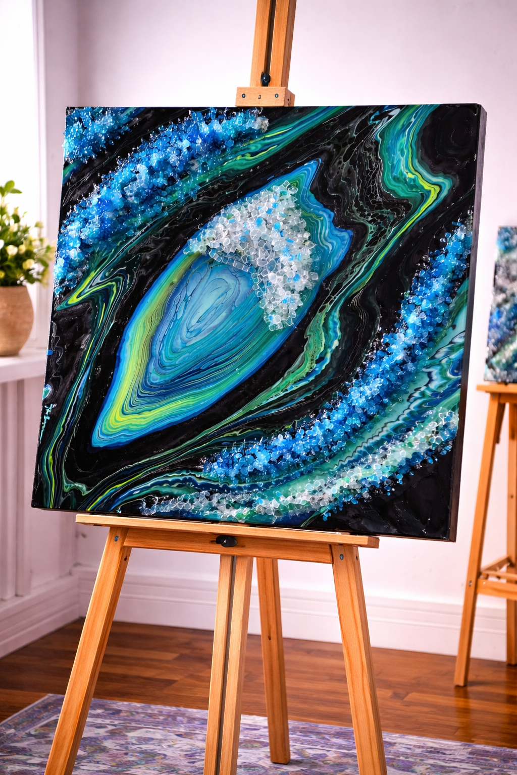 Ripples and rocks. 

This is a 20 by 20 inch gallery wrapped level 3 canvas with acrylic paint, fireglass and resin. 