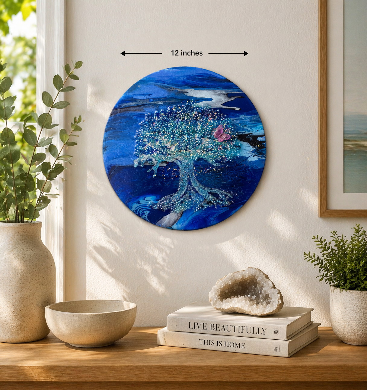 Tree bella

16 inch round canvas with resin and glittery beaded tree with a butterfly guest. 