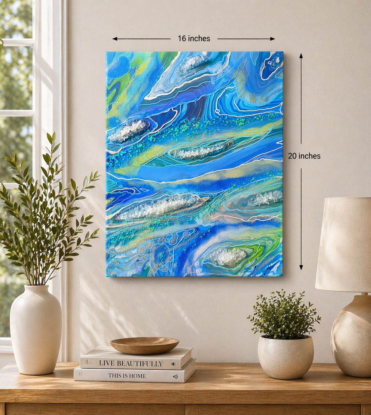 Crystal Journey

This is a 16 by 20 inch level 3 gallery wrapped canvas with acrylic paint, marker, fireglass, and resin.  