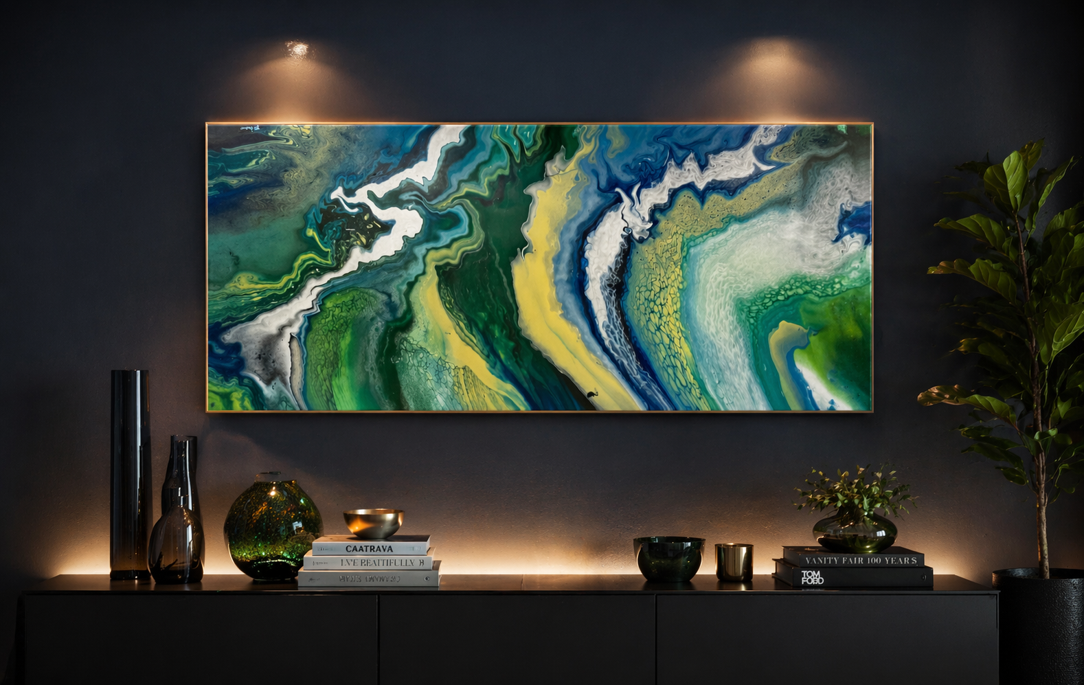 Jungle overview

This is a 20 by 48 gallery wrapped canvas with acrylic paint.  