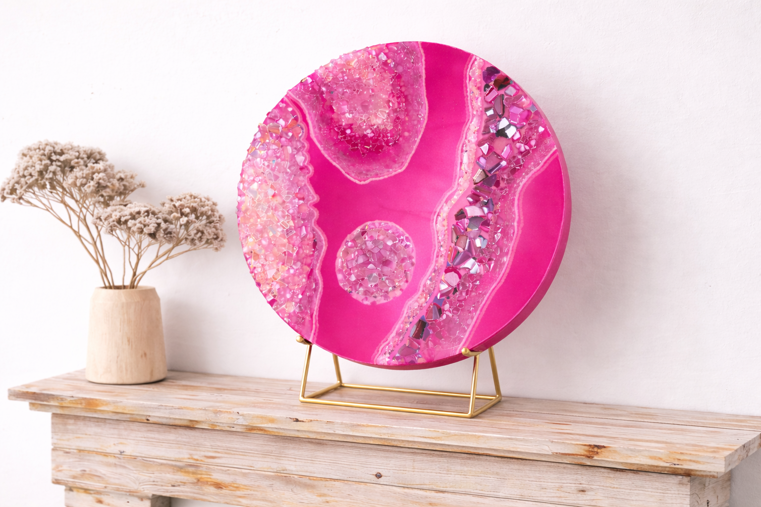 Rock candy

This is a 12 inch round wood panel with mica, fire glass, paint, marker, crystal, rocks and resin.