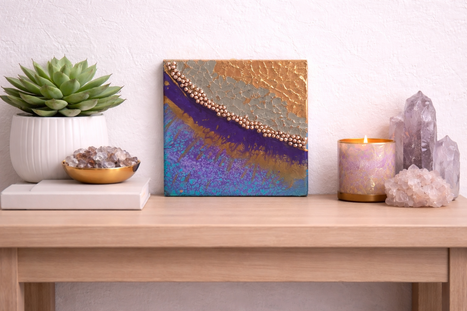 Tide of splendor

This is a 6 inch by 6 inch canvas with fireglass, beads, resin, paint and mica.