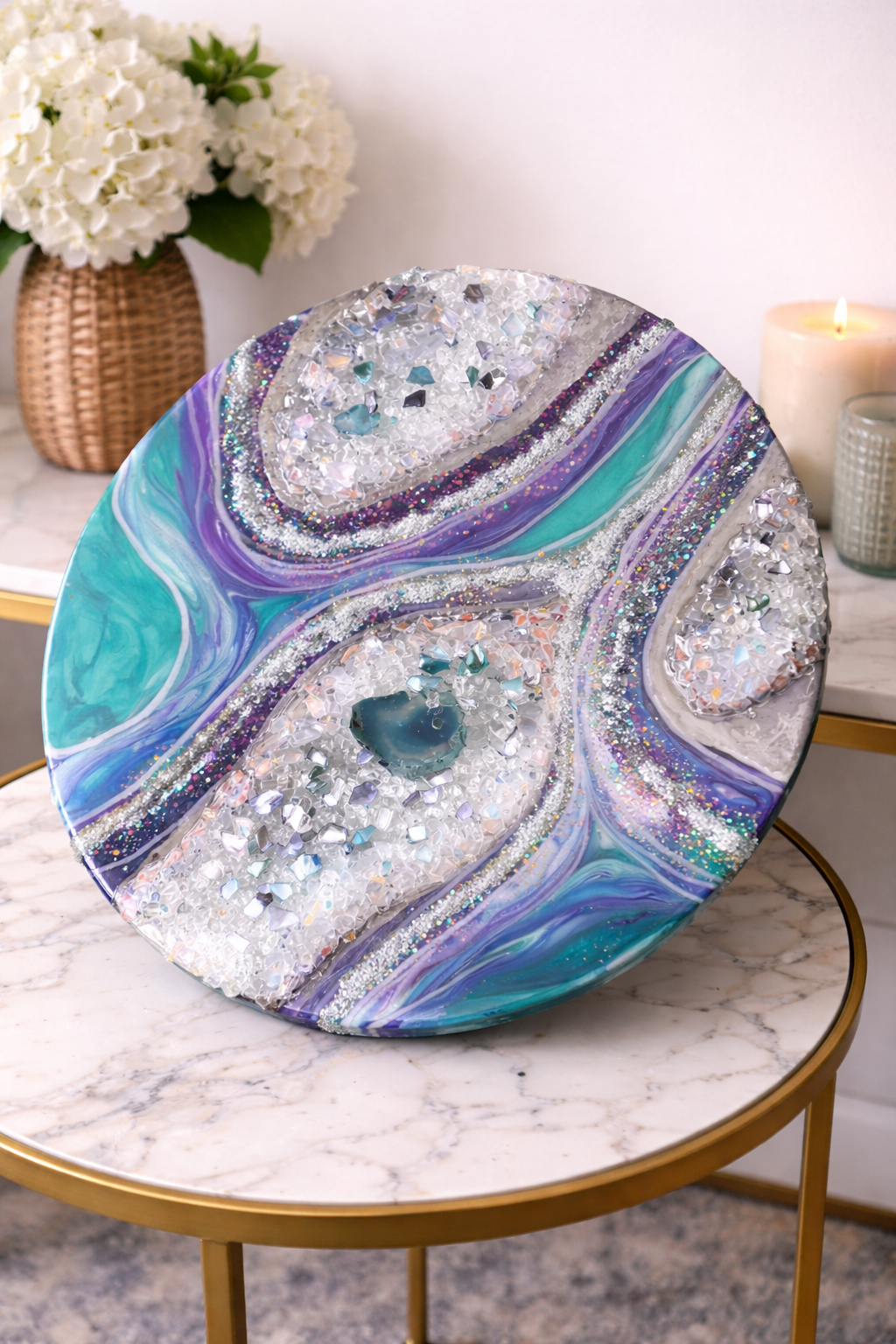 Kitchen sink geode

This aptly named geode is a 16 inch wood round with everything but the kitchen sink.  Beads, rocks, paint, mica, pigment, resin, fireglass, foil, aaaaand an agate slice.  