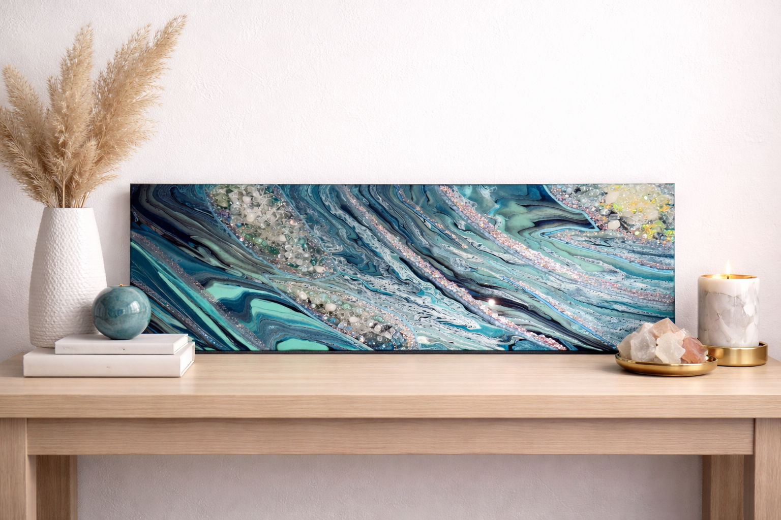 Crystal ice flows.  

This is a 10 by 30 inch canvas with paint, resin, fireglass and glitter. 