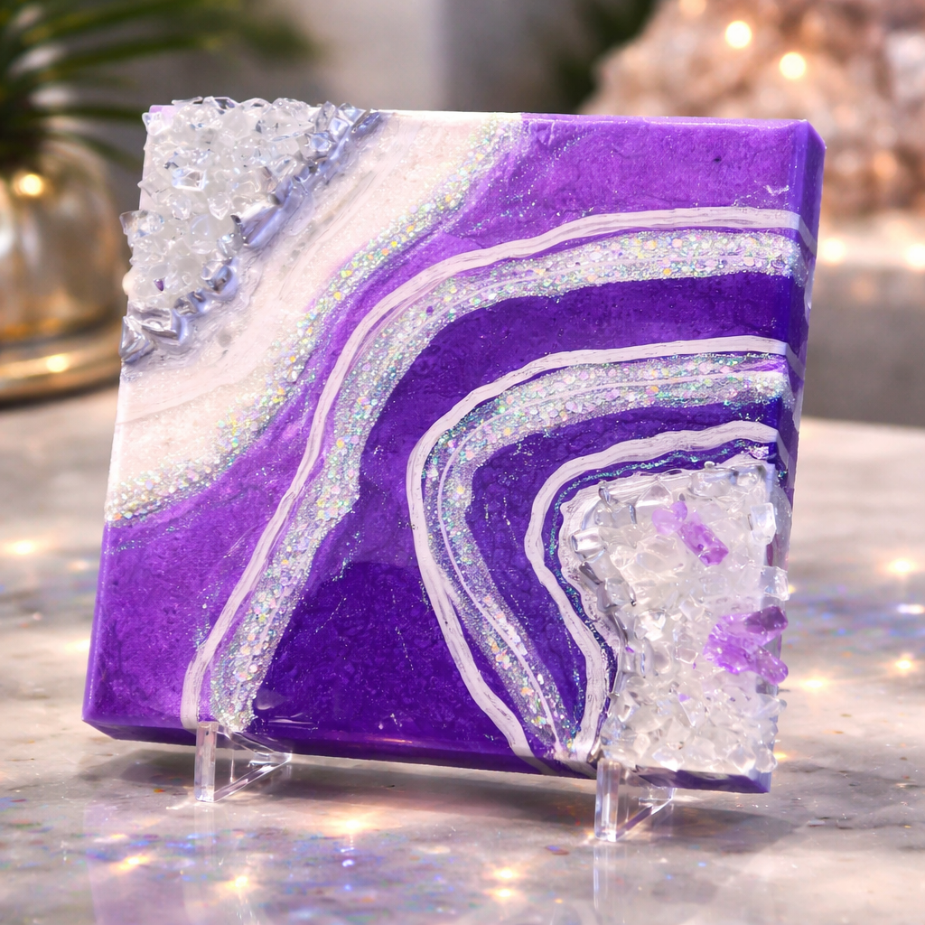 Violetta

This is a 6 by 6 inch wood panel with resin, mica, pigments, glitter, fire glass, and purple crystals. 