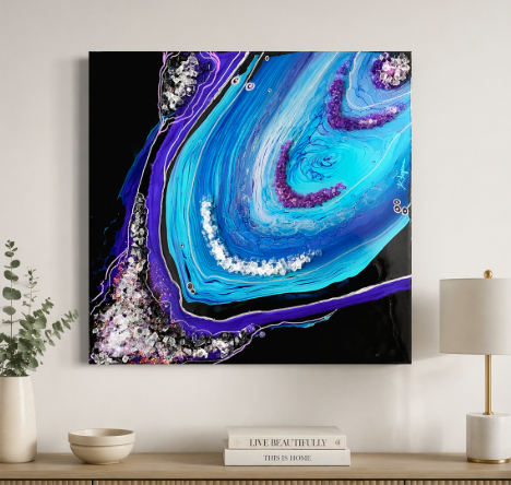 Blue rings of Saturn.  

acrylic paint, fireglass and resin on a 20 by 20 inch level 3 gallery wrapped canvas. 