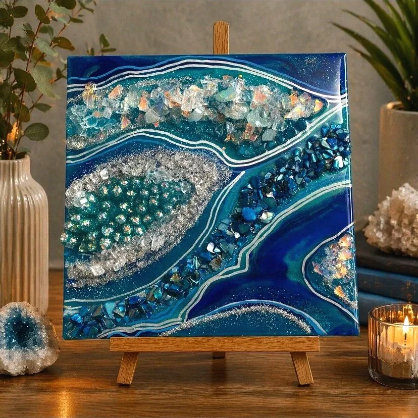 Saphire stratta

This is a 12 by 12 very busy wood panel with fireglass, rocks, markers and resin