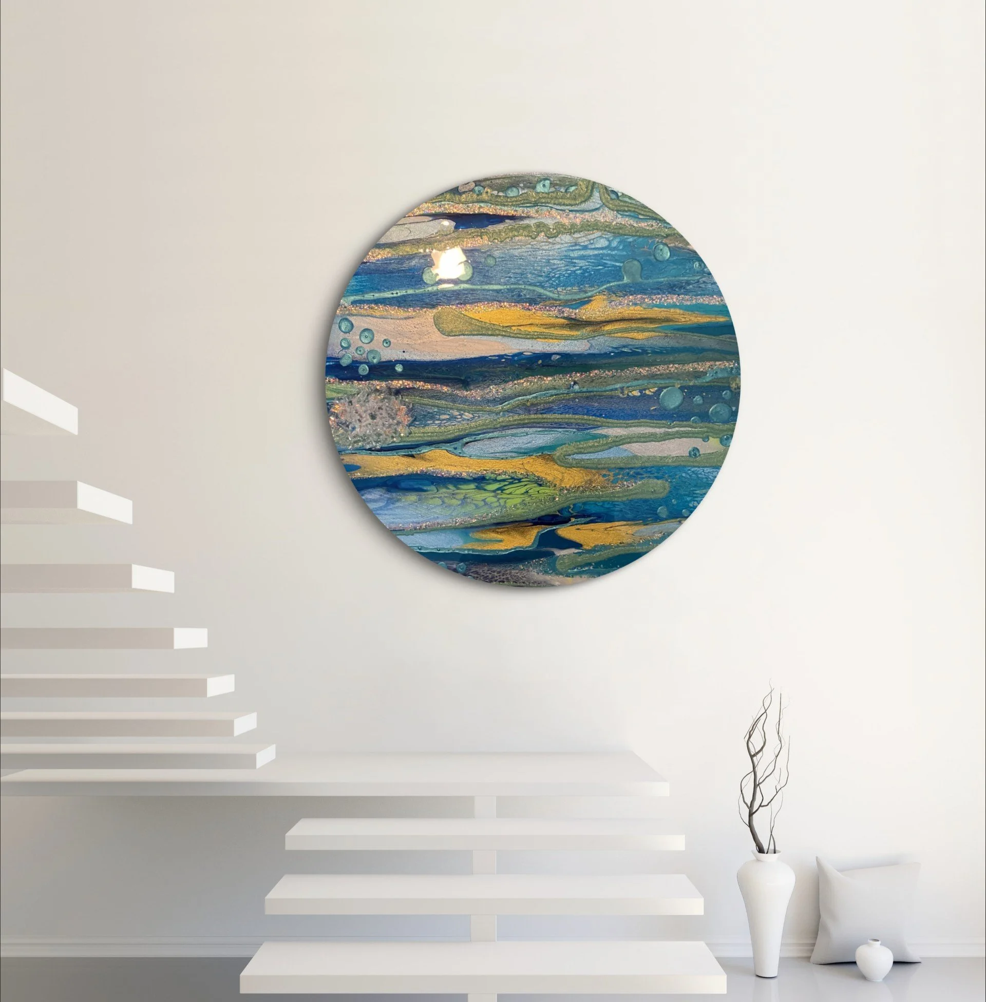 Fantasy planet

This is a 18 inch wood round with paint, marker,glitter, crystals, fireglass, agate slice and resin.  