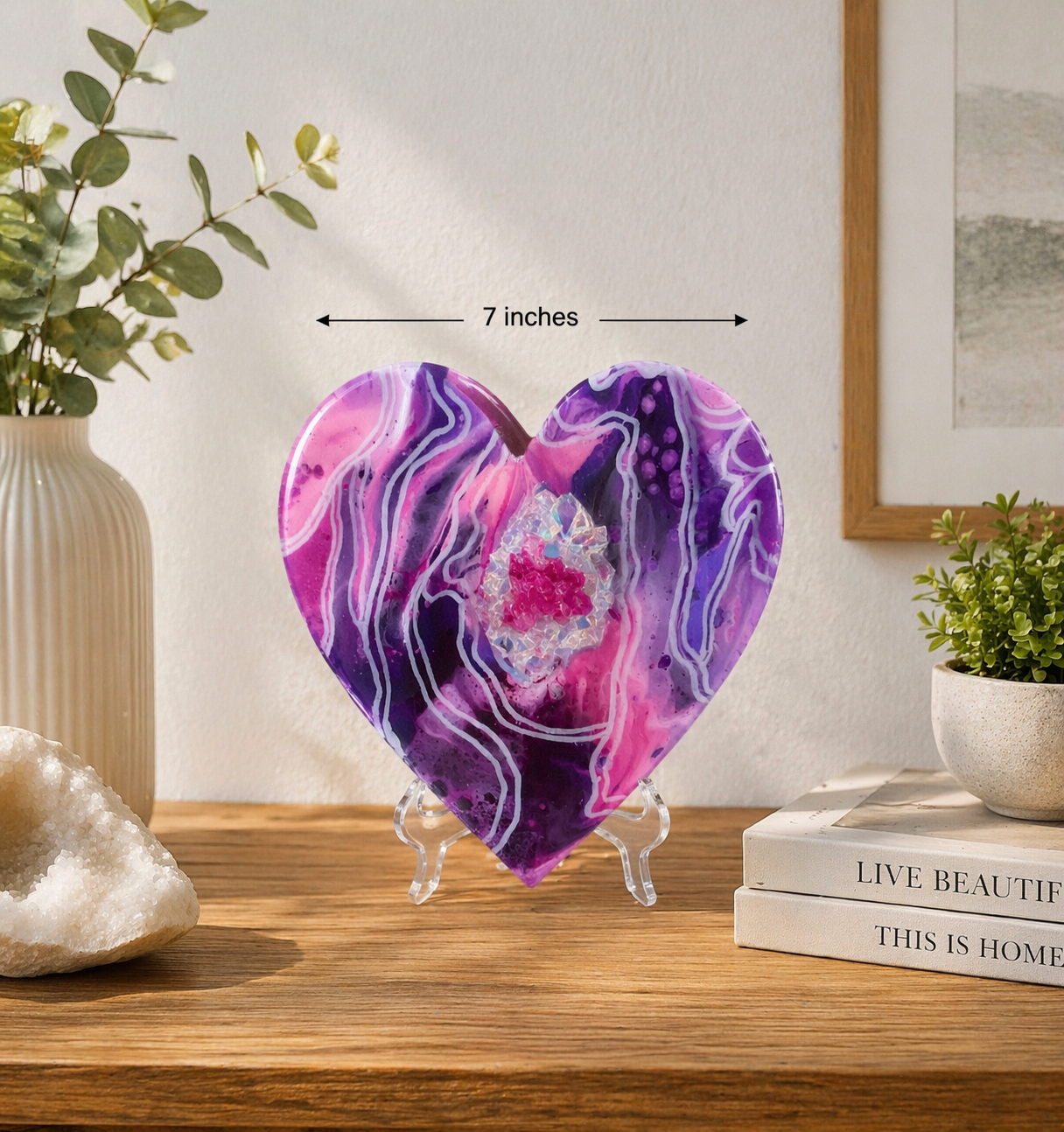 Mystic passion

This is about 7 inch across thick wooden heart with paint, markers, fireglass and pink quartz.