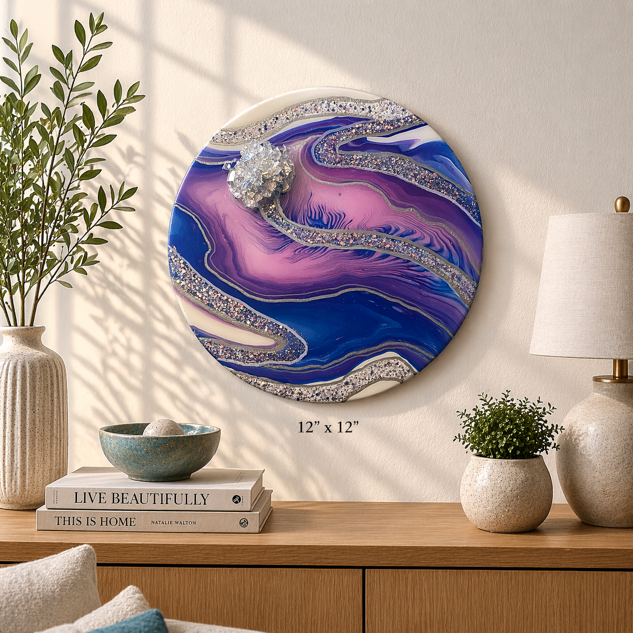 Lavender tranquility

This is a 12 inch round canvas with paint, resin, glitter, fireglass and marker
