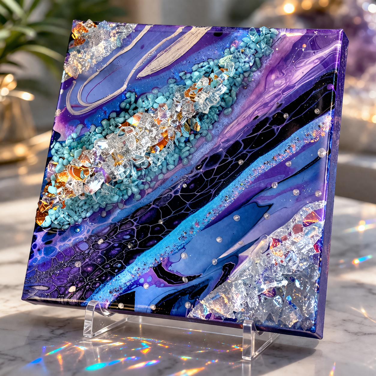 Reverie

This is a 6 by 6 inch canvas with paint, mica, pigment, fire glass, rocks, resin, and glitter.  