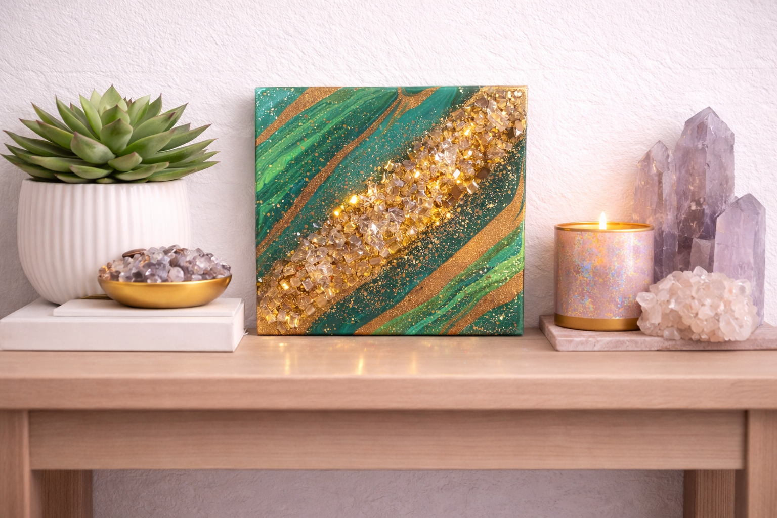 Treasure path

This is a 6 by 6 inch canvas with paint, mica, fireglass, and resin. 