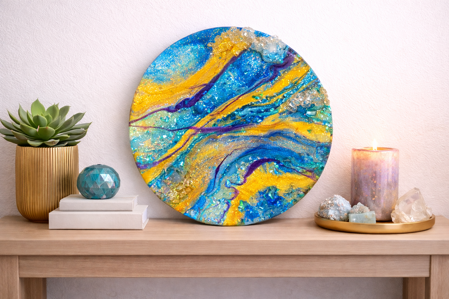 Gemma

This is a 8 inch canvas with paint, mica powder, holographic glitter and fireglass