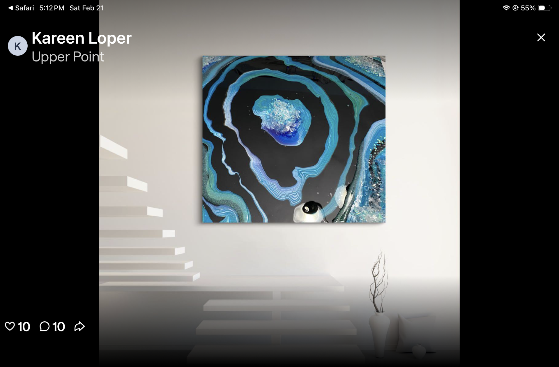 Currents

This is a 20 by 20 level 3 gallery wrapped canvas with paint, resin, and fireglass