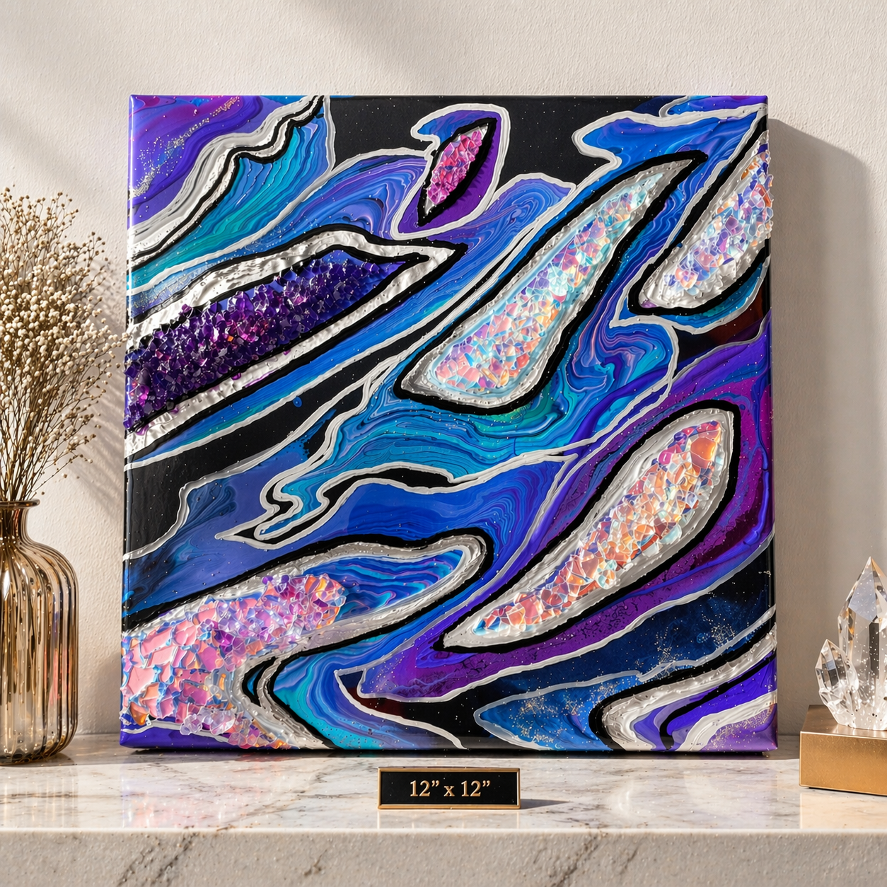 Islands unto ourselves

This is a 12 inch wood panel with acrylic paint, markers, fireglass and resin. 