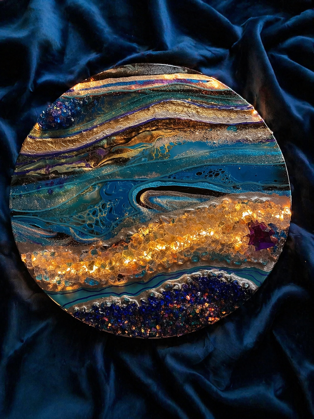 Irish Lair

This is a 12 inch round canvas with paint, fire glass, resin, rocks, glitter marker and mica.
