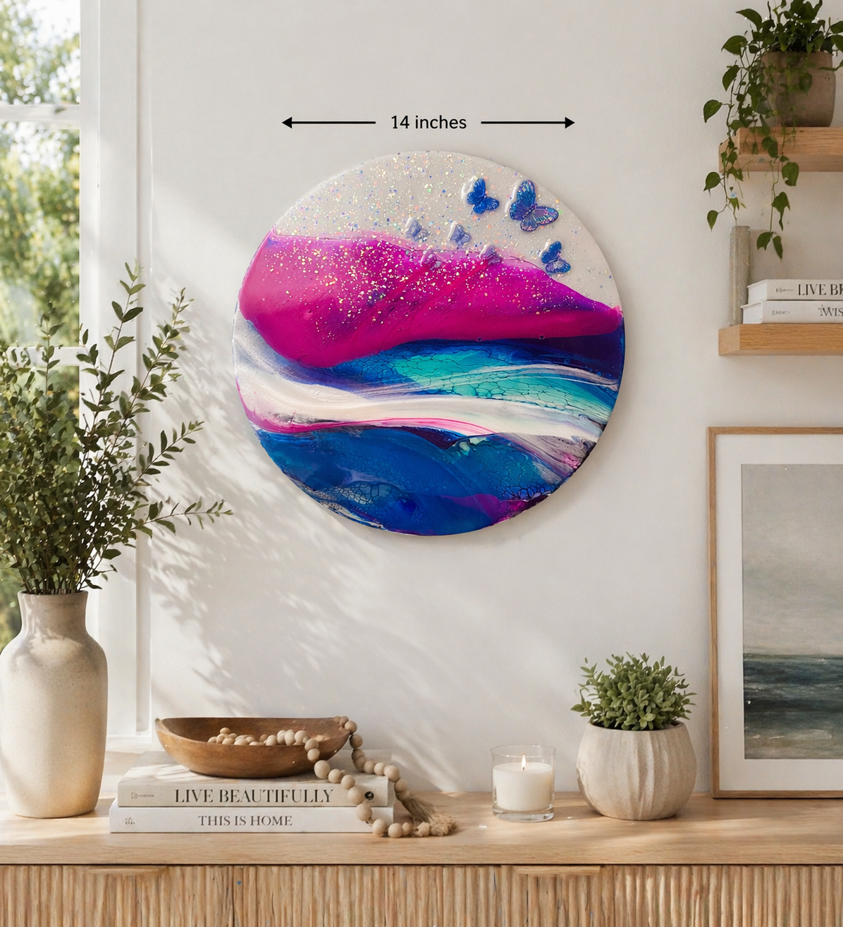 Butterflies flutter by

This is a 14 inch round canvas with acrylic paint, mica powder, resin, and butterflies