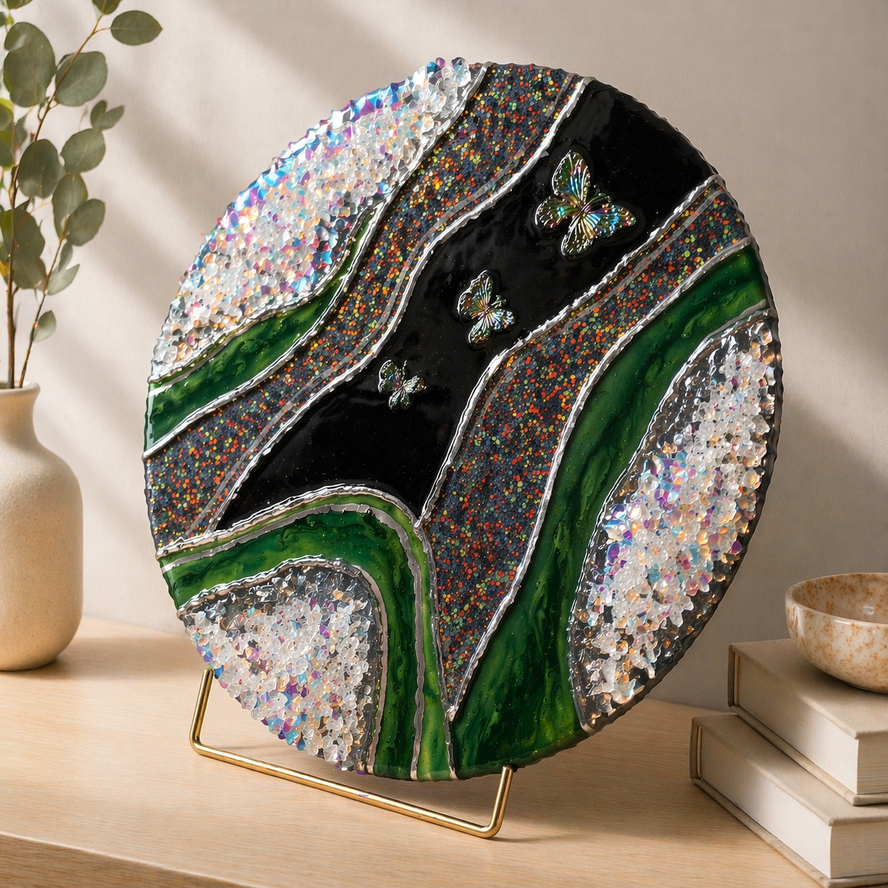 Escape from middle earth

this is a 12 inch round with paint, mica, cerne relief, fire glass, resin and butterflies. 