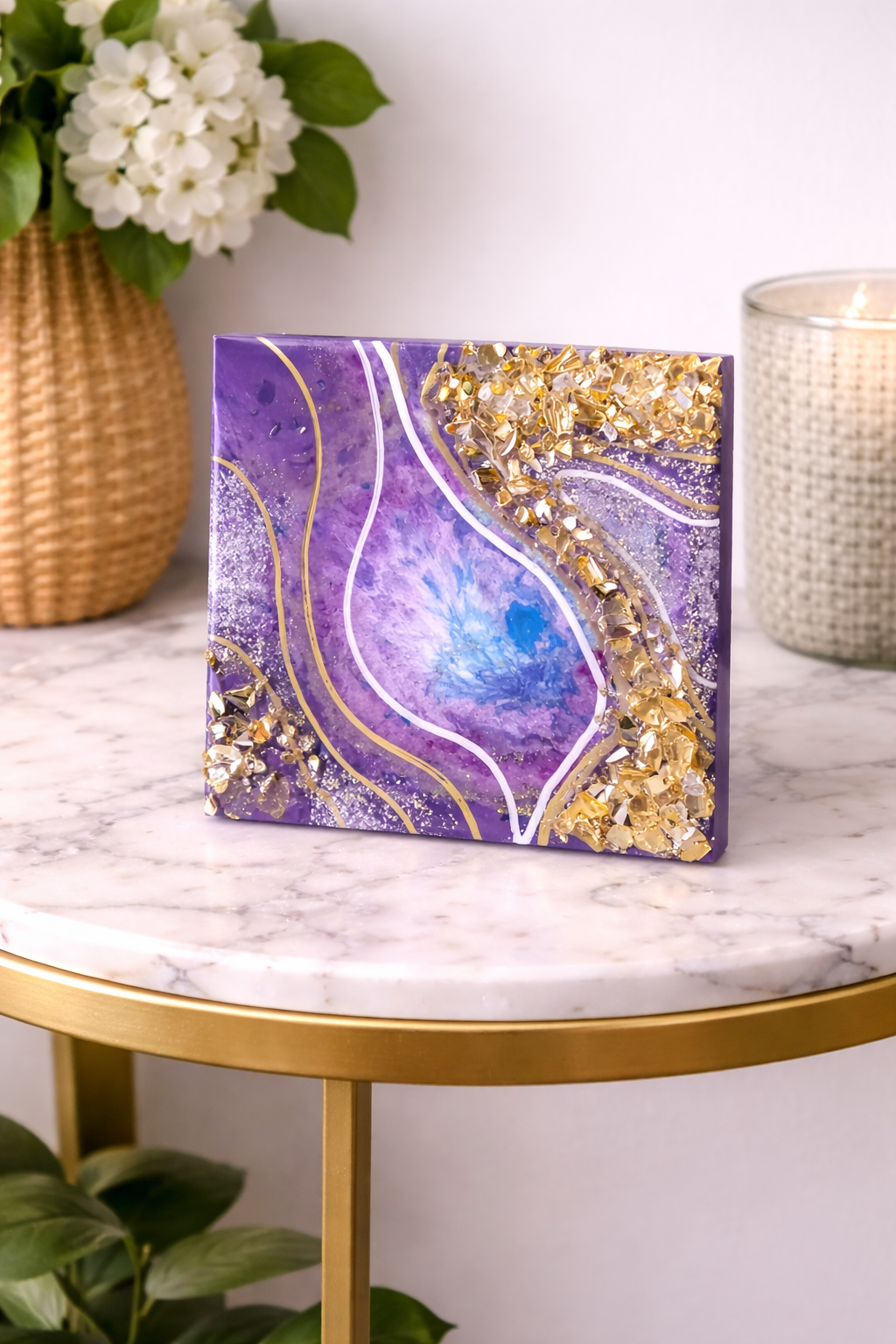 Eye of the sky

This is a 6 by 6 inch wood panel with acrylic paint mica powder, markers, fireglass and resin