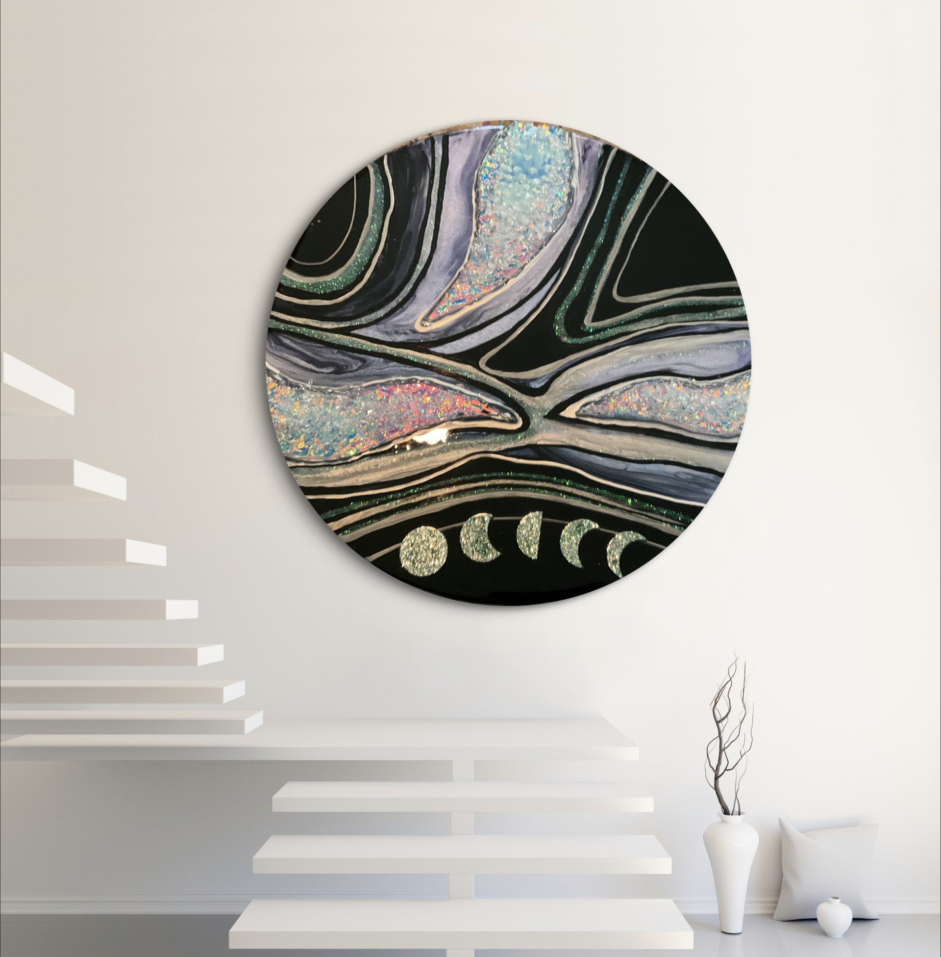Phases

This is a 20 inch wood round with fireglass, acrylic, resin, and embellishments. 