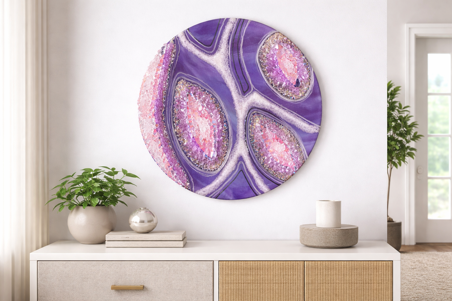 Lilac islands.  


This is a 14 inch wood round with mica, pigment, resin, fireglass, foil, marker, and glitter.  It glows in the dark. 