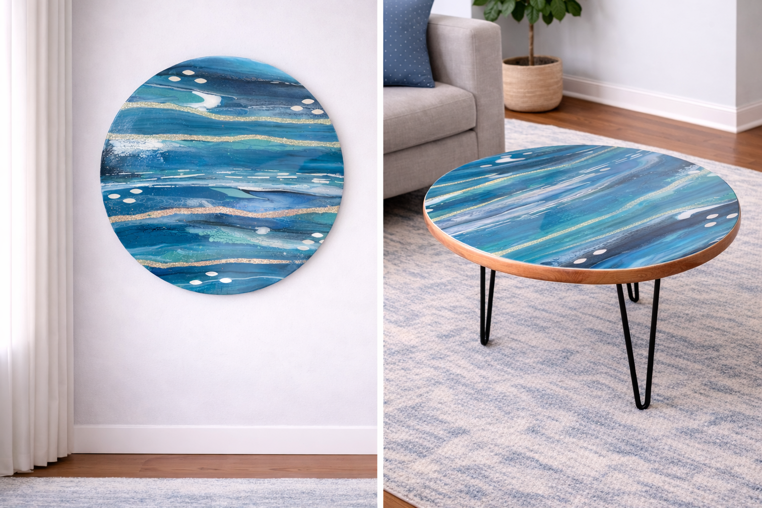 Azure drift

This is a 24 inch heavy wood round with acrylic paint, glitter, reflective pieces and resin,  I made it into a table. You can place your stuff upon her.  