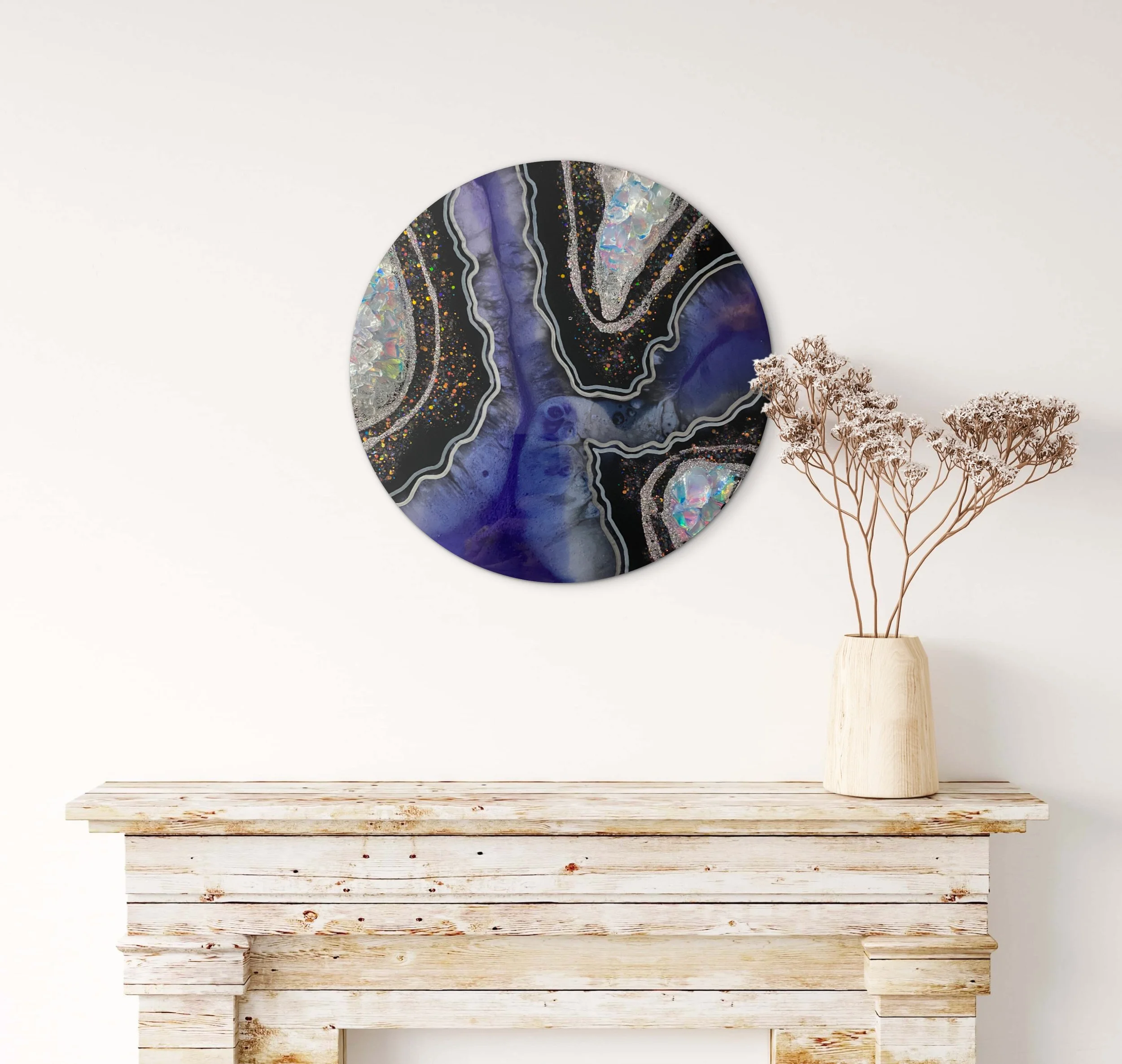 Atlantia

12 inch wood panel with paint, mica, fireglass and glitter. 