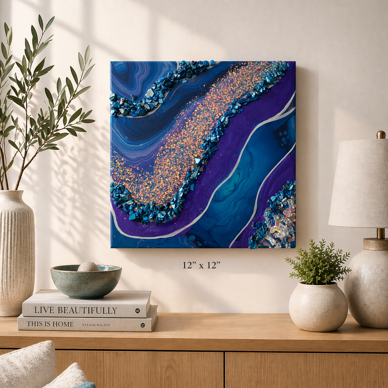 Going upstream

This is a 12 inch wooden panel with acrylic paint, mica, rocks, fire glass, glitter and resin. 
