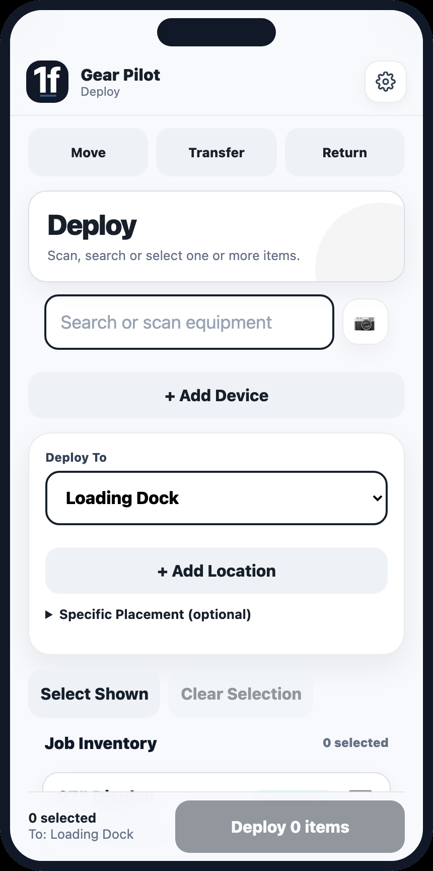 Development preview of the 1f Gear Pilot equipment deployment screen, showing device selection and a deployment Location.