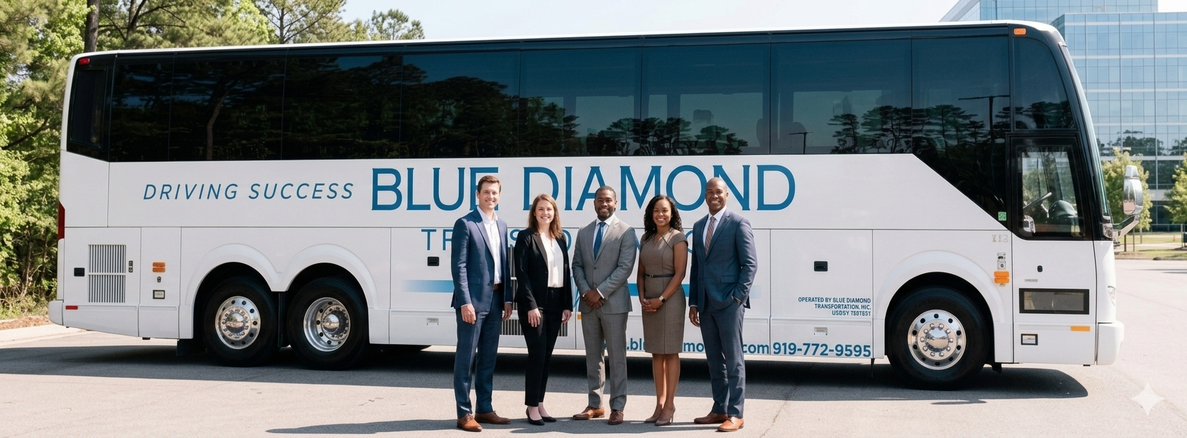Five professionals in business attire standing in front of a large white tour bus with blue lettering that reads "Blue Diamond" and a slogan "Driving Success". The bus is parked outdoors near trees and a building.