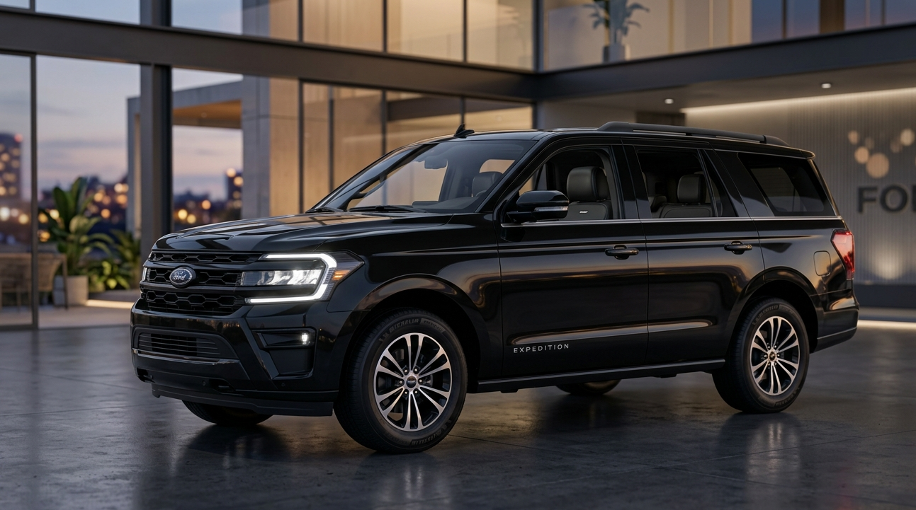A black Ford Expedition SUV parked inside a modern showroom with large glass windows and city lights in the background during evening.