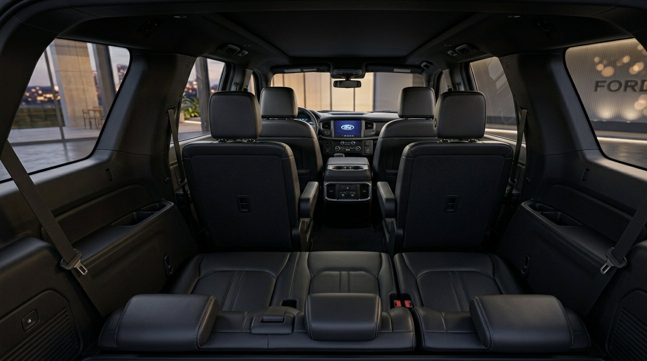 Interior of a black Ford Expedition with three rows of black leather seats, including foldable seats in the back and a digital screen on the dashboard.