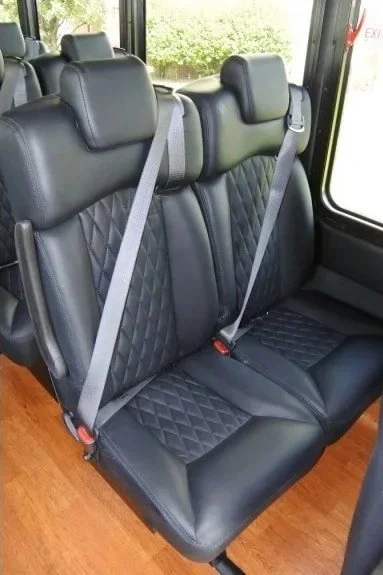 Photo of black leather bus or van seats with headrests and seat belts, with a window showing greenery outside.
