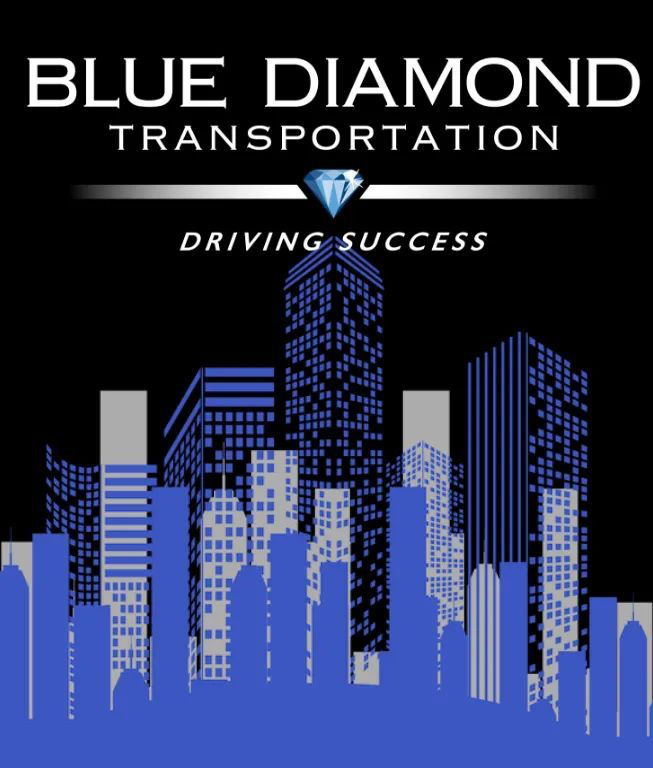 Logo for Blue Diamond Transportation with a stylized city skyline in blue and black, a diamond icon, and the tagline 'Driving Success'.