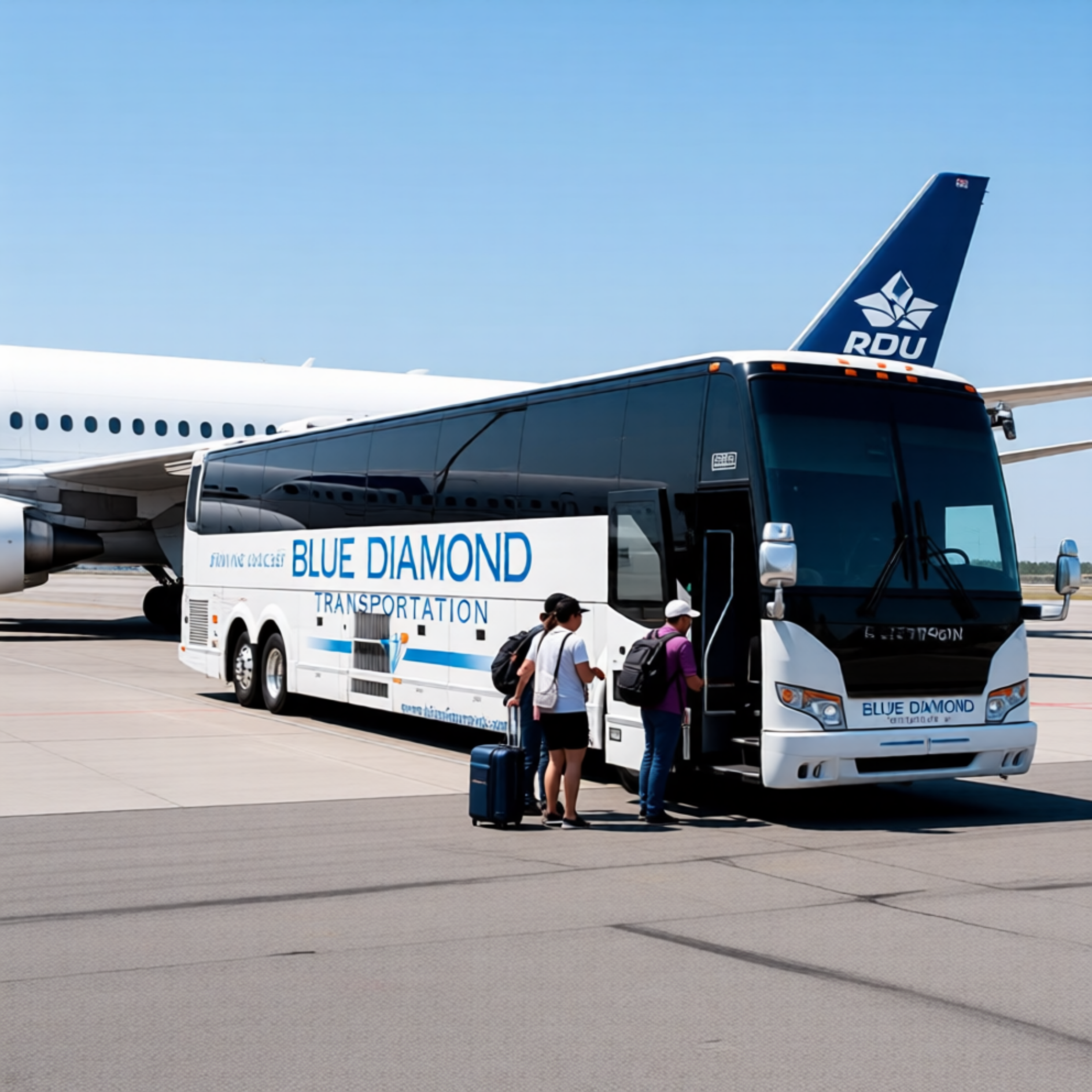 Passengers with luggage boarding a Blue Diamond Transportation bus at an airport tarmac, with a large airplane in the background under a clear blue sky.